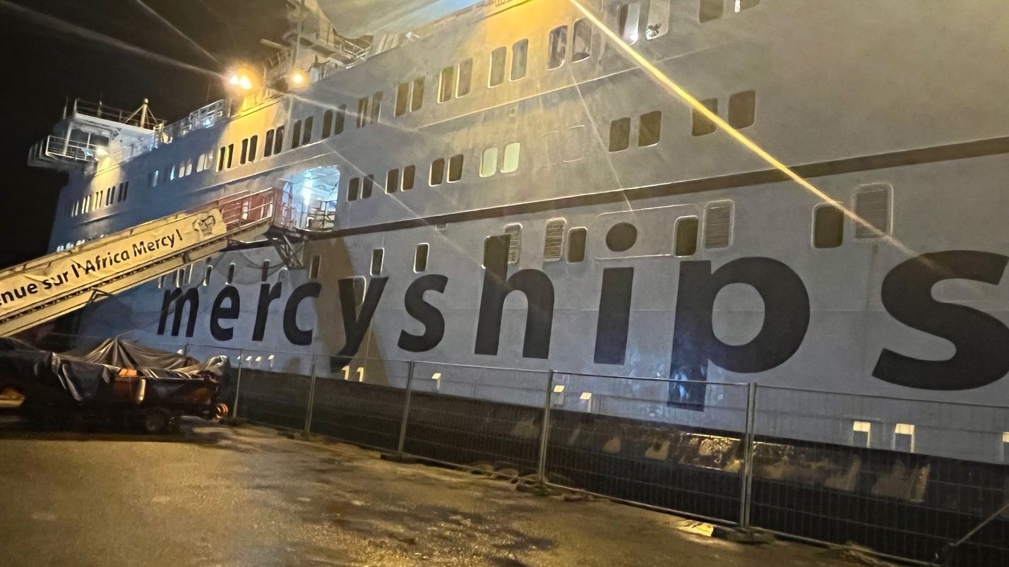 Africa Mercy hospital ship docked at night